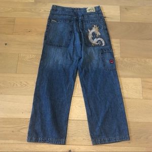 Vintage JNCO Jeans Wide Leg Golden Silver Dragon Sz 34